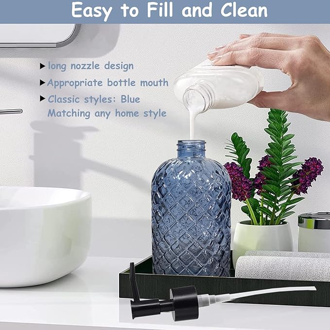 Blue Glass Dish Soap Dispenser for Kitchen, 12oz Refillable Liquid Hand Soap Dispenser Set, 2 Pack Crystal Lotion Bottle for Modern Home Decor, Bathroom Countertop, Hotel