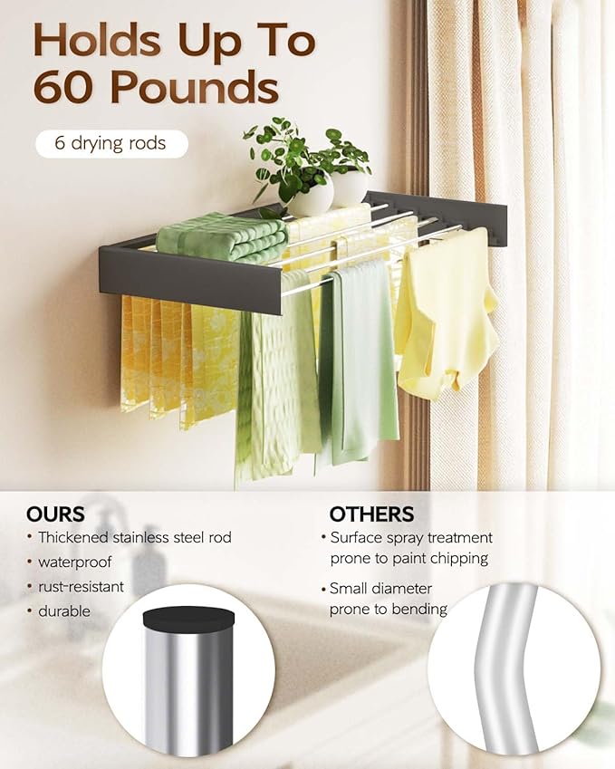 Wall Mounted Clothes Drying Rack 40", Foldable Wall Mount Laundry Rack Folding Indoor, Drying Rack Clothing Collapsible, Hidden Space Saver with Wall Template, 6 Rods, Black