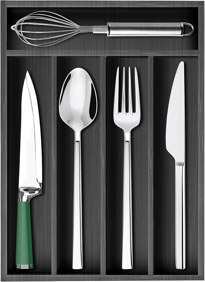 Small Silverware Organizer Utensil Tray 13"x9" Kitchen Drawer Organizers and Storage Wooden Utensil Holder Drawers Divider Narrow Black Cutlery Tray for Spoon Forks Bamboo Flatware Cutlery Organizer