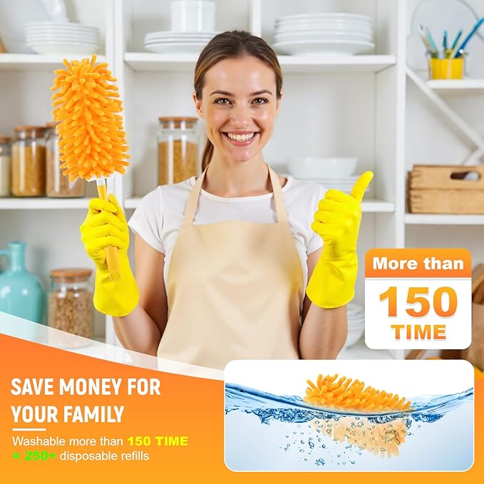 Reusable Duster Refill for Swiffer Duster Refill, 360° Heavy Duty Duster Refills Kit, 5 Pack with 1 Handle Microfiber Ceiling Fan Dusters for Cleaning（Orange, 5PCS）