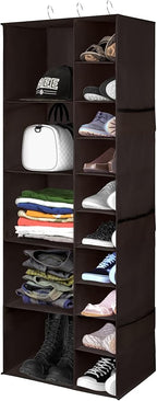 Libeder Shoe Organizer for Closet, 15 Shelf Hanging Closet Storage Shelves - 10 Shoe Rack Organizer and 5 Compartment for Clothes with 6 Side Mesh Pockets for Scarf, Socks,Gloves Coffee