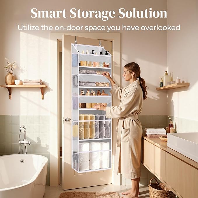 5 Tiers Over Door Organizer with 10 Mesh Side Pockets, 50 lbs Weight Capacity Hanging Storage Organizer with Clear Window Kids Toys, Shoes, Diapers, Light Gray