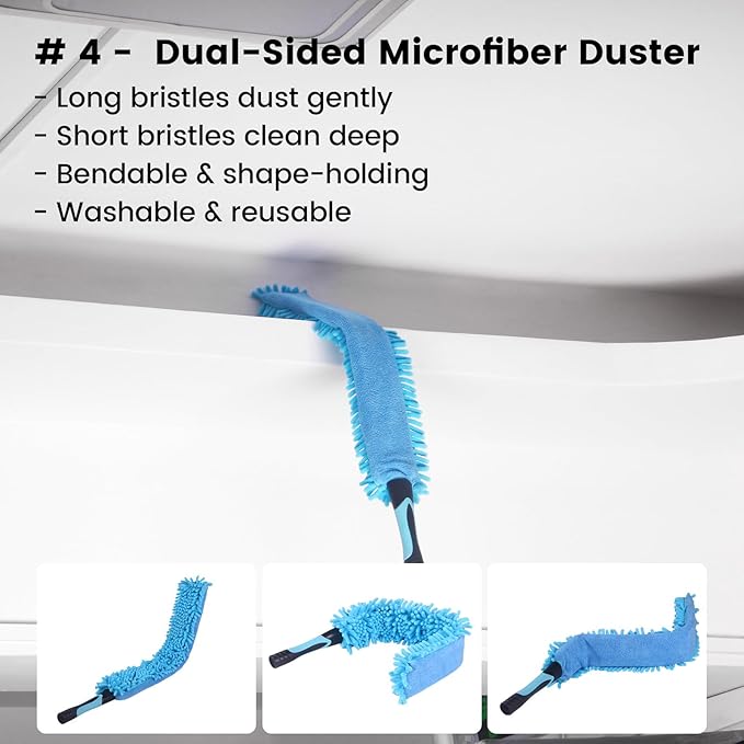Ceiling Fan Duster Kit – 5-in-1 Bendable & Dual-Sided Heads – Washable Dusters for High Ceiling, Fans, Corners, Glass – Fits Standard ¾ Pole – Blue Cleaning Set