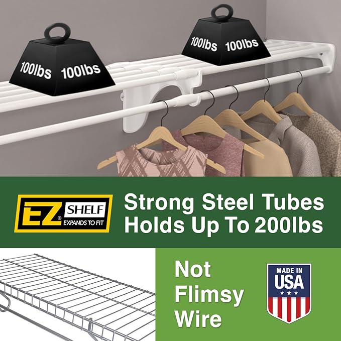 EZ SHELF - Hanging Shelf - Closet Rod - Expands 63.3-118” - White, Closet Shelves - Strong, Holds 200 lbs - DIY, Easy Install - to 2 Side Walls - Alternative to Wire Shelving