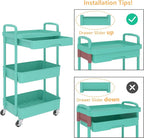 Calmootey 3-Tier Rolling Utility Cart with Drawer,Multifunctional Storage Organizer with Plastic Shelf & Metal Wheel,Storage Cart for Kitchen,Bathroom,Living Room,Office,Green