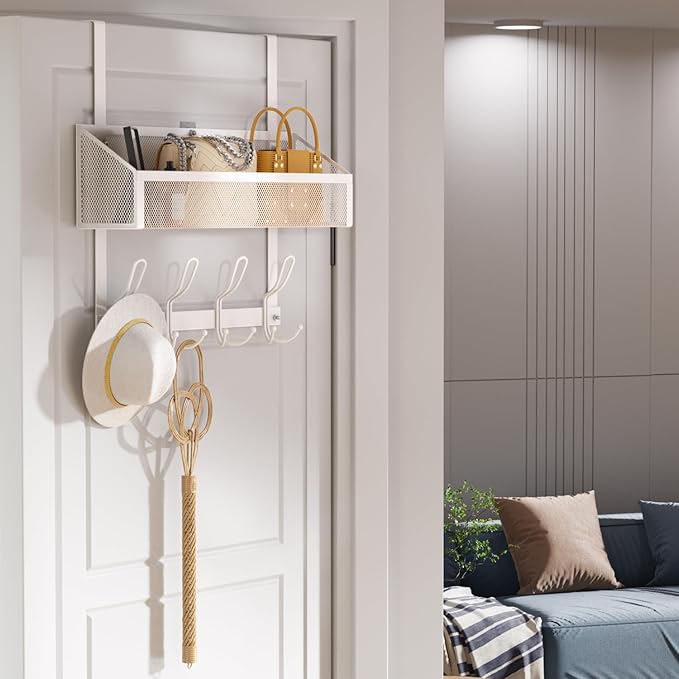 Over Door Hook Organizer, 12 Hook Over The Door Organizer with Mesh Basket - Back of Door Storage Towel Rack Space Saving Storage Organizer for Bedroom, Bathroom, Kitchen, Pantry, White