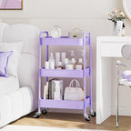 TOOLF 3-Tier Metal Rolling Cart with Wheels, Storage Utility Organizer Cart for Kitchen, Bathroom, Office, Baby Essentials & Makeup - Lockable Casters, Easy Assembly, Large Capacity, Purple