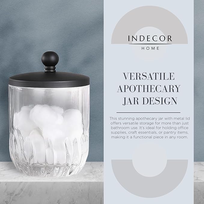 Glass Jar with Metal Lid for Bathroom Organization, Clear Apothecary Jar for Cotton Balls, Q Tips, and Small Accessories, Stylish Bathroom Storage Container Black