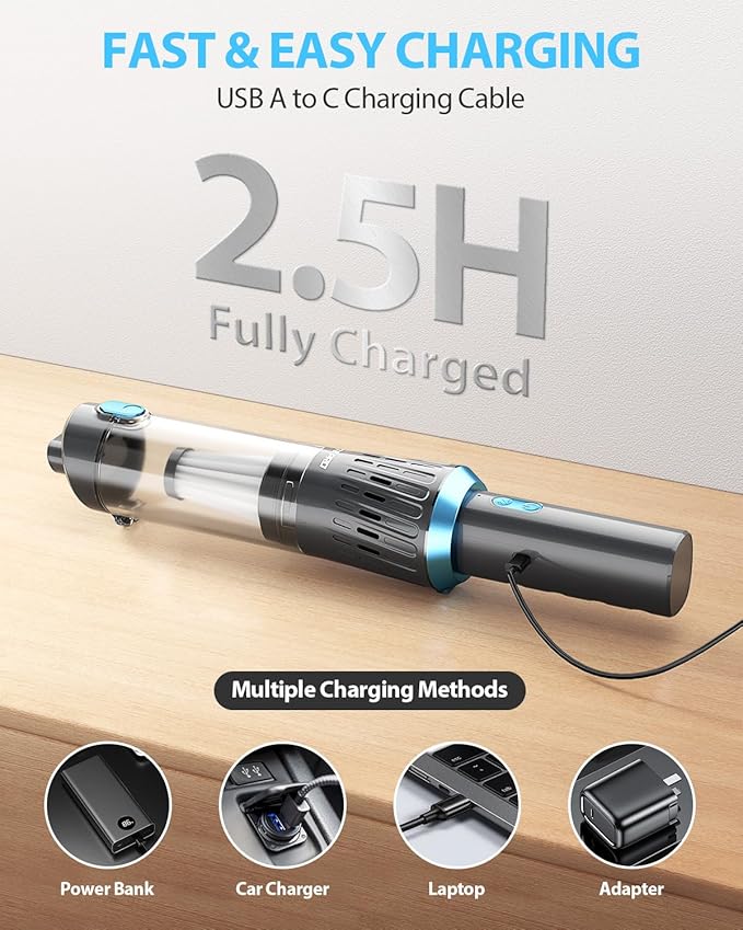 Handheld Vacuum Cordless 15000PA Car Vacuum 3-in-1 Hand Held Vacuums 1.1 Pounds Hand Vac Cordless Rechargeable One-Touch Empty for Cleaning Cars Offices Homes Pet Hair and Dust (Blue)