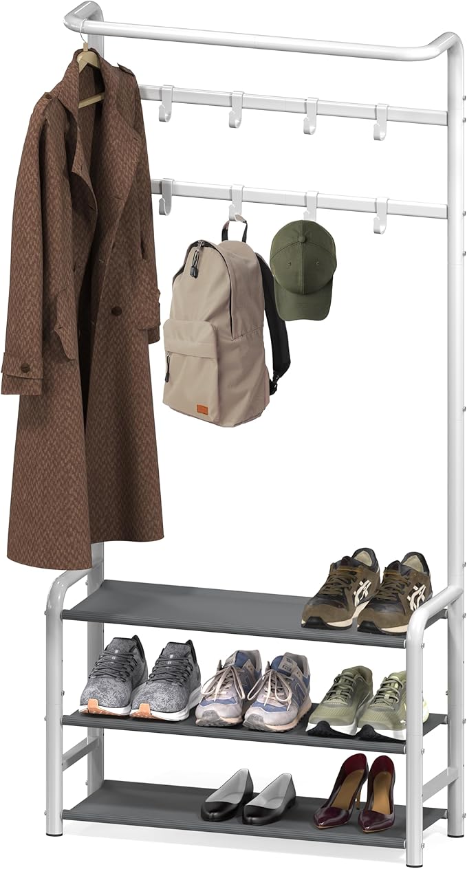 SIMPLE HOUSEWARE Space-Saving Coat Rack with Storage Shelf, Black Freestanding Hall Tree Organizer with Hooks for Entryway, Bedroom, Office, Coats, Hats, Jackets, Scarves - White