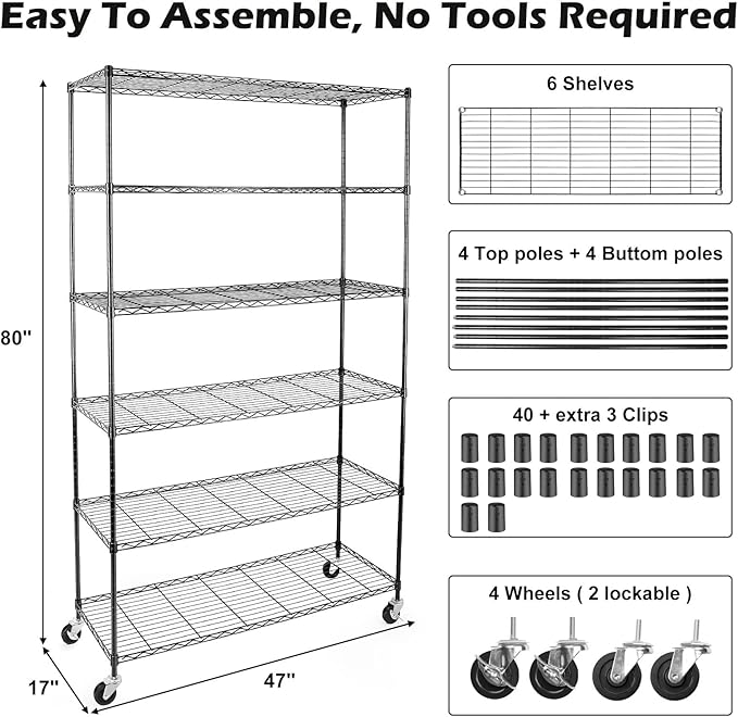 WDT NSF Certified Storage Shelves on Wheels, Heavy Duty Metal Shelves for Storage with Adjustable Stand, 6-Tier Wire Shelving Unit for Garage Pantry Kitchen Shelf Rack, 47" D x 17" W x 80" H