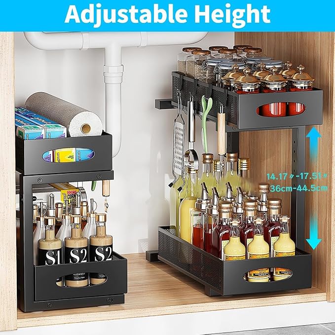 Under Sink Organizer, 2-Tier Pull Out Cabinet Organizer with Adjustable Height, Use in Kitchen Bathroom Cabinet and Countertop Storage, Black, 2-Pack