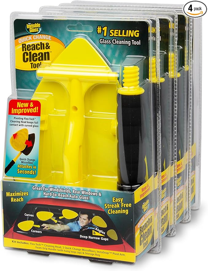 Invisible Glass 95160-4PK Reach & Clean Windshield Cleaning Tool and Car Window Cleaner Tool for Interior and Exterior Auto Glass with 2 Microfiber Pads and Storage Bag – Pack of 4