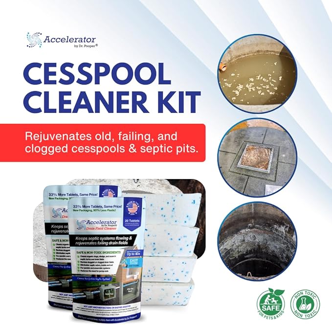 Cesspool & Septic Cleaner Kit by Accelerator by Dr. Pooper® - Commercial-strength bio-accelerator to get cesspools draining and flowing properly and keep them working | Made in USA | Safe & Non-Toxic