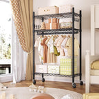 Heavy Duty Clothes Rack Rolling Garment Rack,3 Tier Adjustable Wire Shelving Clothing Racks for Hanging Clothes with Hanger Rod&Side Hooks,Freestanding Wardrobe Storage Rack Metal Portable Closet