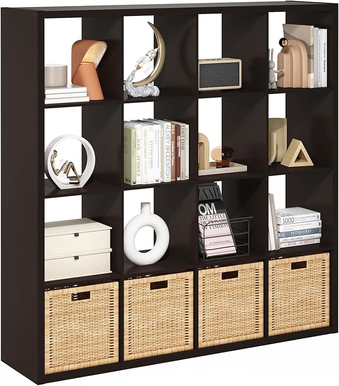 Furinno Cubicle Open Back Decorative Cube Storage Organizer, 16-Cube, Black Dark Oak