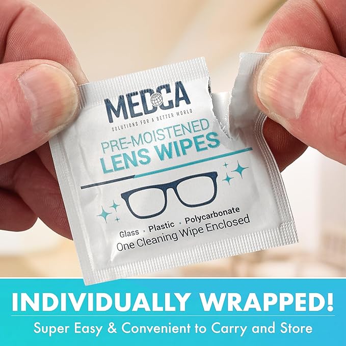 Premoistened Lens and Glass Cleaning Wipes - Portable Travel Cleaner for Glasses, Camera, Cell Phone, Smartphone, and Tablet - Disposable, Quick Drying, Streak Free - Individually Wrapped, Pack of 100