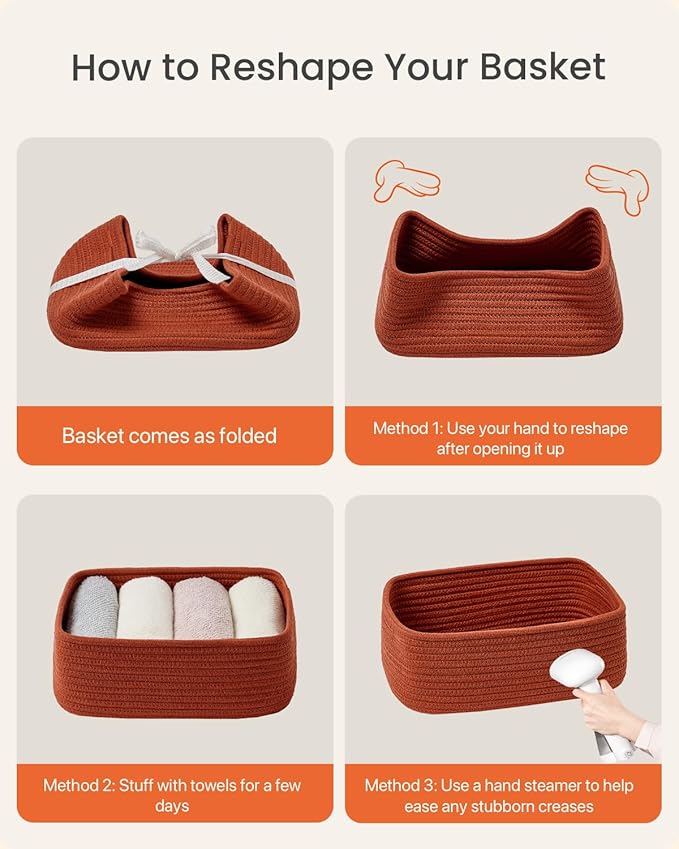 Small Woven Basket, 12 x 8 x 4.5 Inches, Storage Basket for Organizing, Cute Small Rope Shelf Closet Cube Storage Bins Baskets for Shelves, Dog Toy Gift Baskets Empty, 3 Pack Rust Red