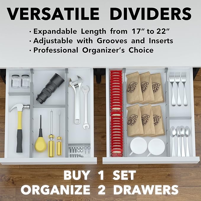 SpaceAid Bamboo Drawer Dividers with Inserts and Labels, Kitchen Adjustable Drawer Organizers, Expandable Organization for Home, Office, Dressers, 4 Dividers with 9 Inserts (17"-22" Gray)