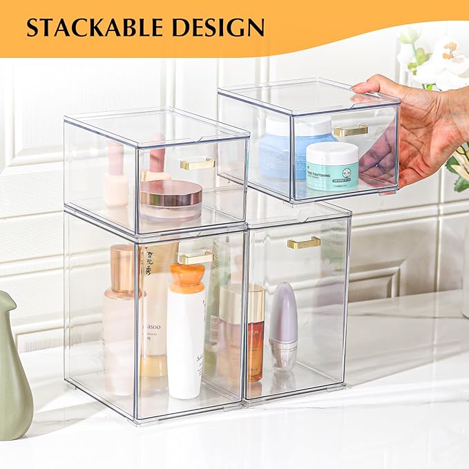 4 Pack Stackable Clear Acrylic Storage Drawers with Golden Handles, Plastic Drawer Organizers for Makeup, Kitchen, Bathroom, Office, Under Sink & Cabinet Organization