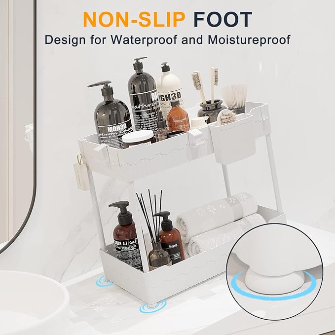 2 Pack Under Sink Organizer, Under Bathroom Cabinet Organizer with Hooks Hanging Cup, Multi-Purpose Storage Shelf for Kitchen Bathroom (White, XL)