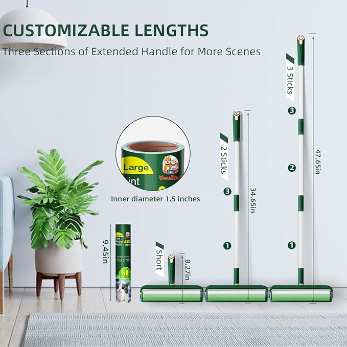 Large Lint Rollers for Pet Hair, Floor Lint Roller with 9.45 in Giant Lint Roller Refill 360 Sheets Total, Extendable Handle Sticky Rollers for Floor, Carpet, Furniture, Clothing & Couch (Green)