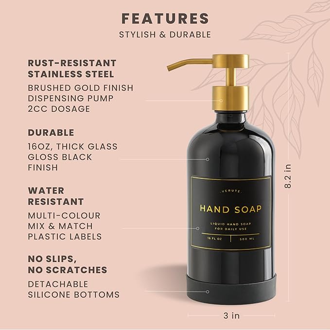 16oz Glass Soap Dispenser with Stainless Steel Pump, 21 Waterproof Labels, Non-Slip Protective Silicone Pad, Set of 2 for Bathroom & Kitchen (Gloss Black Bottle/Brushed Gold Pump)