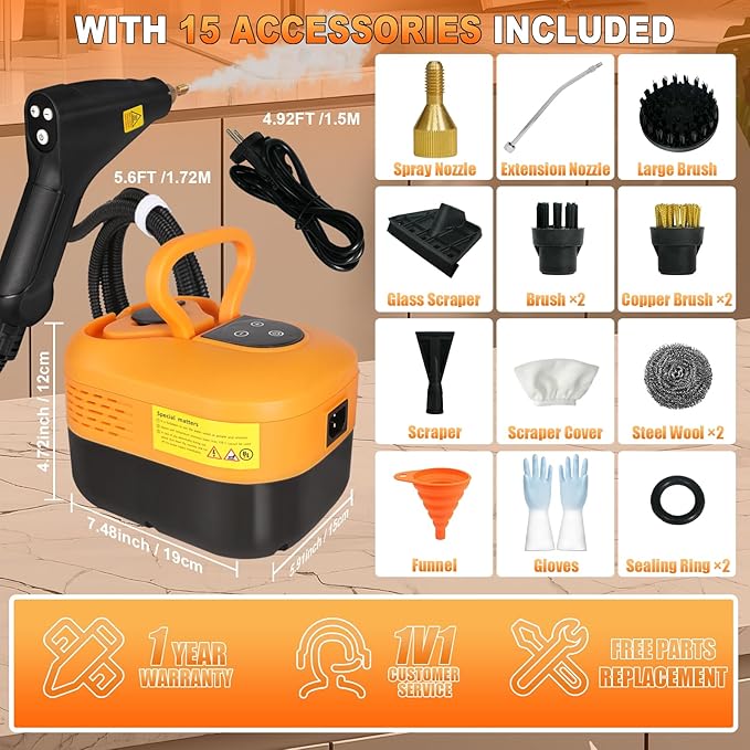 15-IN-1 Handheld Steam Cleaner【2800W Powerful Motor】【6 Level Pressure Steam - 4 BAR High Pressure】with Handle Control Button Cleaner for Home, Car, Kitchen - Orange
