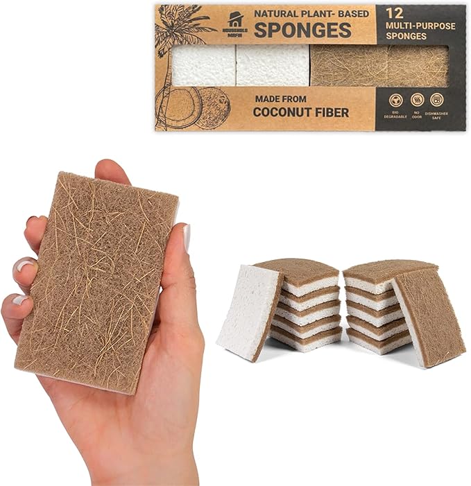 Biodegradable Natural Kitchen Sponge - Compostable Cellulose and Coconut Scrubber Sponge - Pack of 12 Eco Friendly Sponges for Dishes