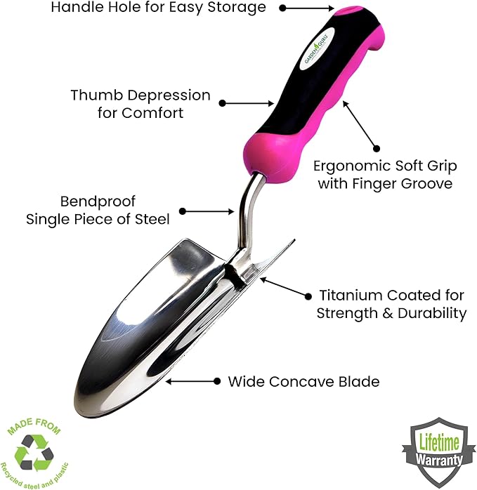 Garden Guru Super Strong Garden Trowel Hand Shovel - Stainless Steel - Rust Resistant - Ergonomic Grip - Perfect Tool for Gardening, Transplanting and Digging in Garden Beds (Pink) - 1 Case (50 Pcs)