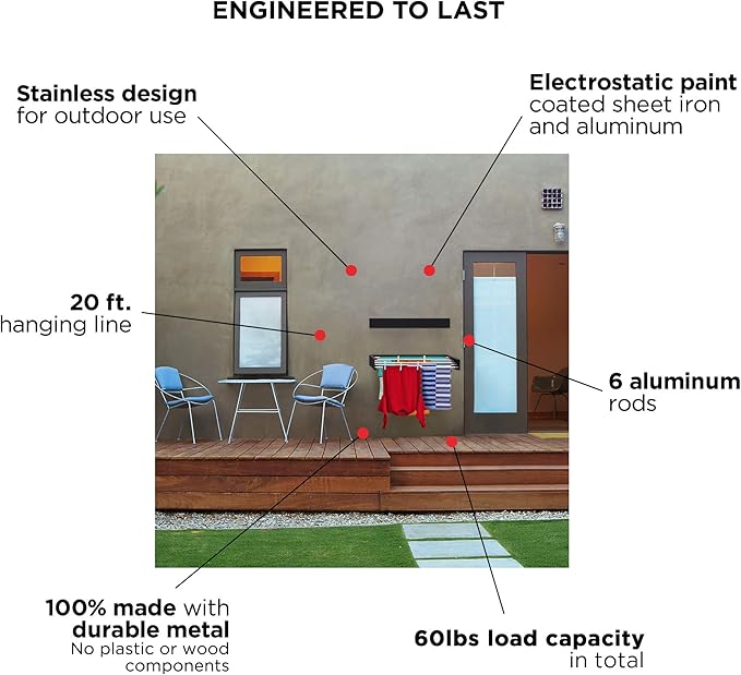 Step Up Laundry Drying Rack, Wall Mounted, Retractable Clothes Drying Rack, 60lbs Capacity, 20 Linear Ft, with Wall Template and Long Screwdriver Bit (40" White)