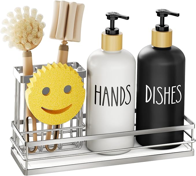 Moforoco Kitchen Dish Soap Dispenser Set, 16OZ Glass Bottle, Hand and Dish Soap Dispenser Set, Instant Dry Tray, Non-Slip Silicone Pad, Brush Holder with Smiley Face Sponge Holder, Kitchen Decor