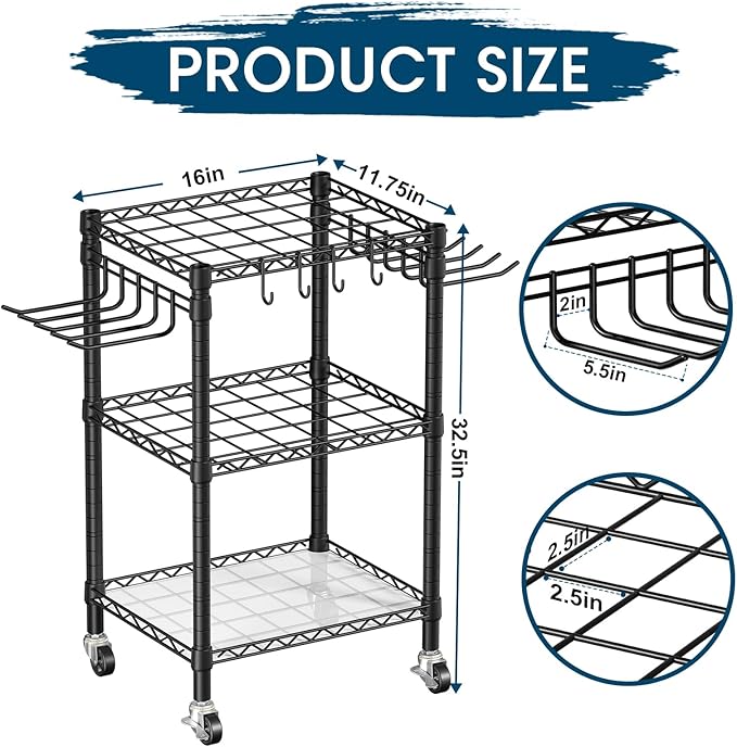 T1 Garden Tool Organizer（With Lockable Wheels）Heavy Duty Garage Tool Storage for Yard，Shed，Outdoor and Lawn，Freestanding Tool Organizers and Storage UP to 50 Tools，Black with Anti-Tip Device