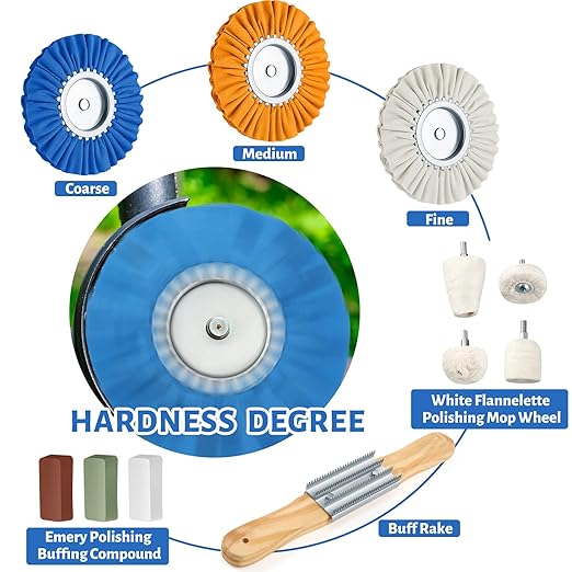 Liliful 12 Pcs 8" Airway Polishing Wheel Kit in Diameter 5/8", Metal Aluminum Buffing Wheel and Polishing Compound and Buffing Drill and Rake Pad for Angle Grinder Mirror Metal Finish (Bright Color)