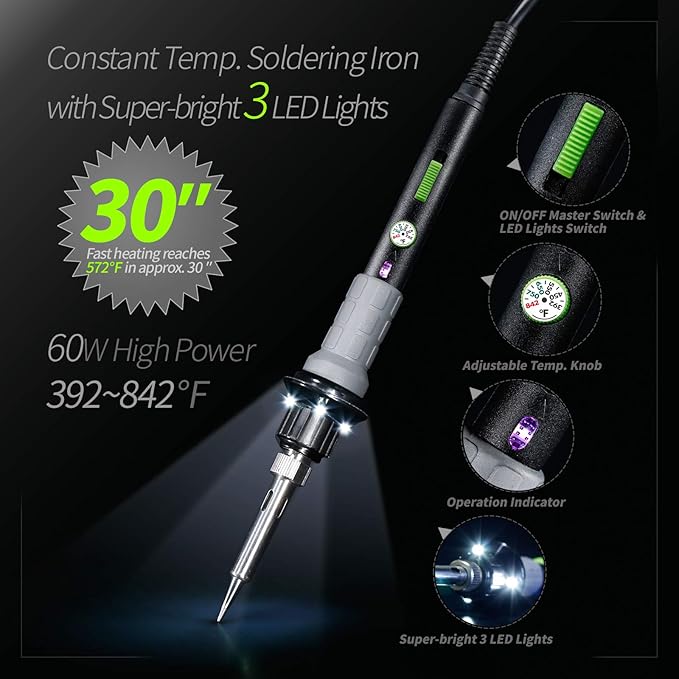 YIHUA 947-V Soldering Iron Kit with 3 LED Lights, Temperature Control, 5 Premium Solder Tips, Desoldering Pump, Indicator & ON/OFF Switch-60 Watts Soldering Iron, Solder Wire, Tip Cleaner, and more.