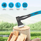 Chopping Axe, 15”Outdoor Hatchet Forged Carbon Steel Heat Treated Hand Maul Tool, Fiberglass Shock Reduction Handle with Anti-Slip Grip, Blue