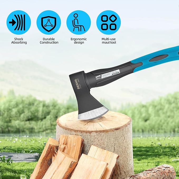 Chopping Axe, 15”Outdoor Hatchet Forged Carbon Steel Heat Treated Hand Maul Tool, Fiberglass Shock Reduction Handle with Anti-Slip Grip, Blue