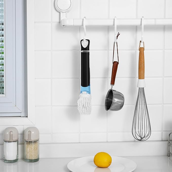 SUBEKYU Dish Brushes with Soap Dispenser, Kitchen Dish Scrubber Brushes with Handle, Dishwashing Cleaning Scrubbers for Dishes/Pans/Pots, Black, 2Pack