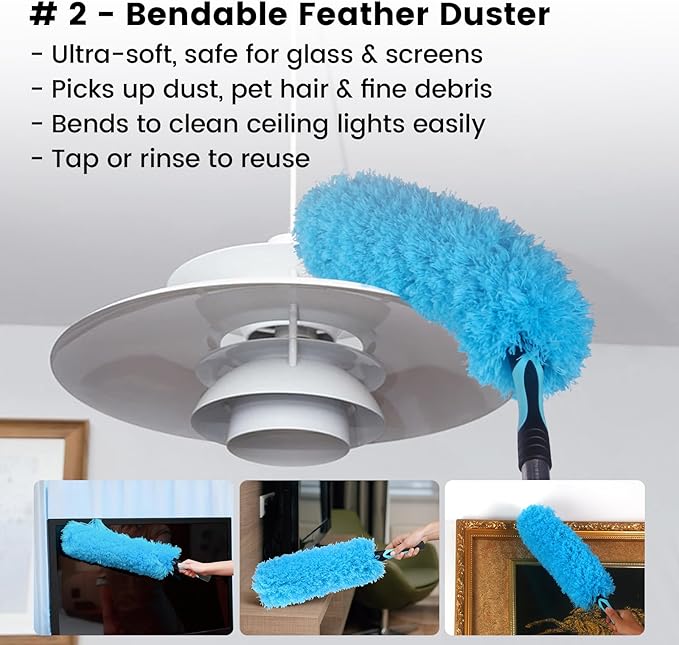 Ceiling Fan Duster Kit – 5-in-1 Bendable & Dual-Sided Heads – Washable Dusters for High Ceiling, Fans, Corners, Glass – Fits Standard ¾ Pole – Blue Cleaning Set