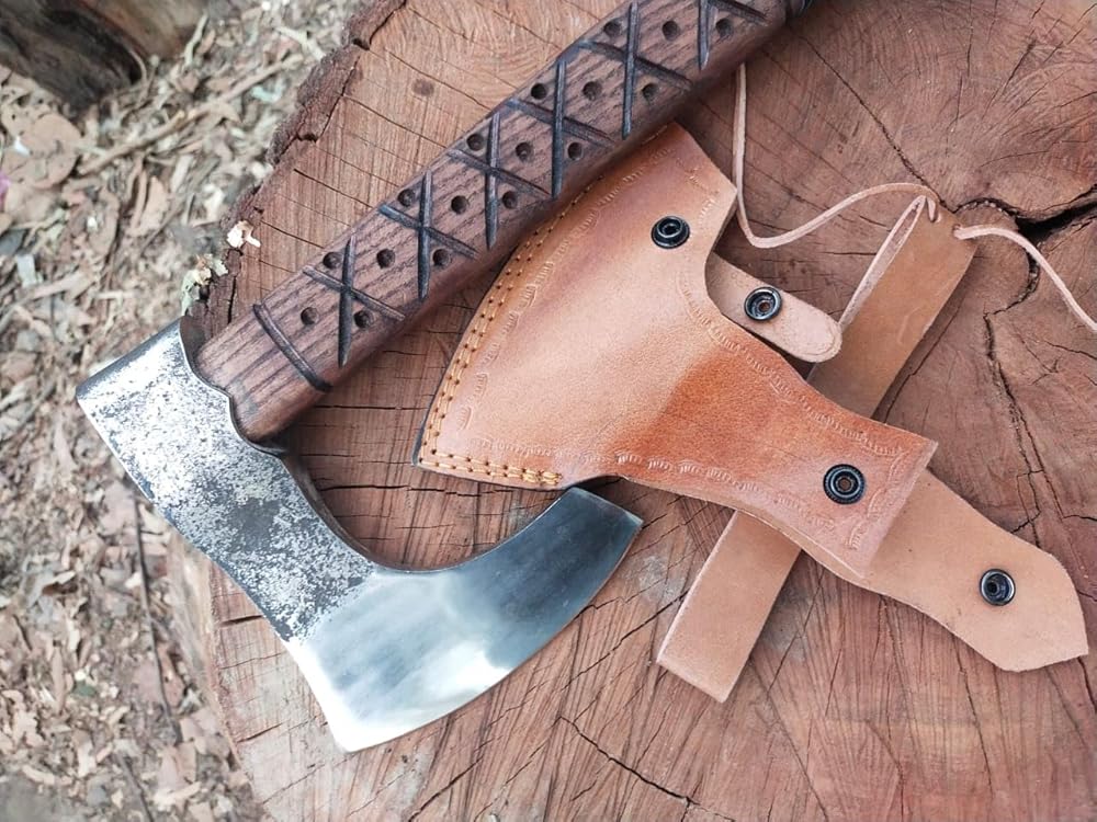 Kacha Store | custom handmade Viking medieval Axe with Viking gift,Hand Axe,Viking Gifts for Men,Camping Tomahawk,Bearded,Valhalla Axe with Leather Sheath (Battle axe) (Ragnar Ax)