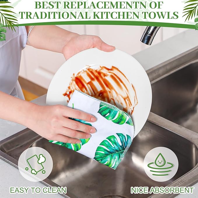 36 Count Reusable Cleaning Cloths Washable Cotton Kitchen Towels for Home(Leaves Style,Green)