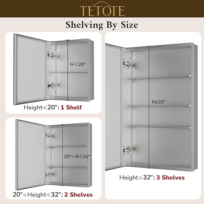 TETOTE 36 x 32 Bathroom Mirror Cabinet with Tempered Beveled Mirror Silver Medicine Cabinet Aluminum Cabinet DTC Hinges, Stepless Adjustable Shelves, Recessed/Surface-Mounted