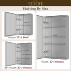 TETOTE 30 x 26 Bathroom Mirror with Storage with Tempered Beveled Mirror Silver Medicine Cabinet Aluminum Cabinet DTC Hinges, Stepless Adjustable Shelves, Recessed/Surface-Mounted