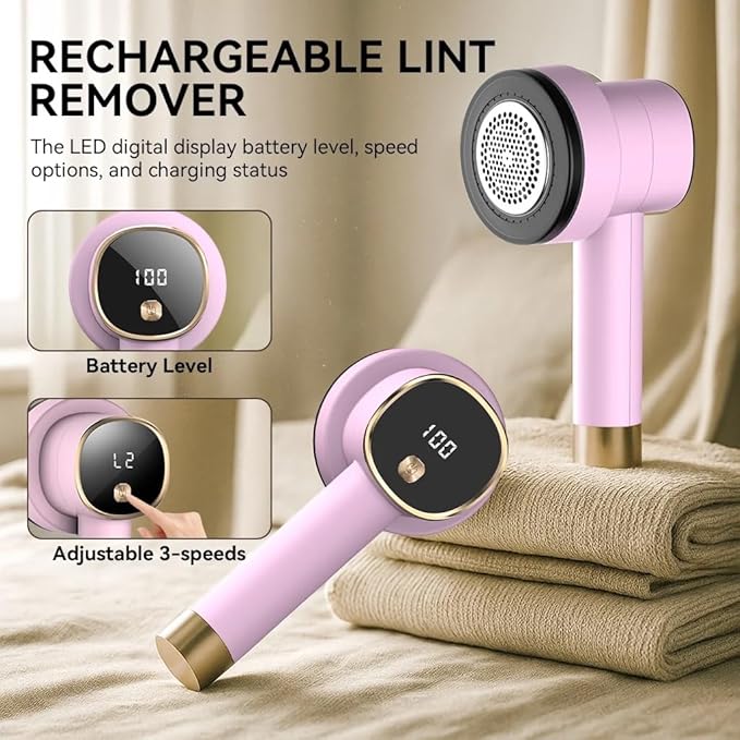 Fabric Shaver Lint Remover: Rechargeable Lint Shavers for Clothes with LED Display 3 Speeds and 6-Leaf Blades, Portable Electric Lint Shaver to Remove Fuzz Ball Pilling from Sweater Furniture