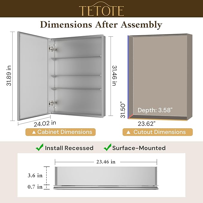 TETOTE 24 x 32 Bathroom Mirror Cabinet with Tempered Beveled Mirror Silver Medicine Cabinet Aluminum Cabinet DTC Hinges, Stepless Adjustable Shelves, Recessed/Surface-Mounted