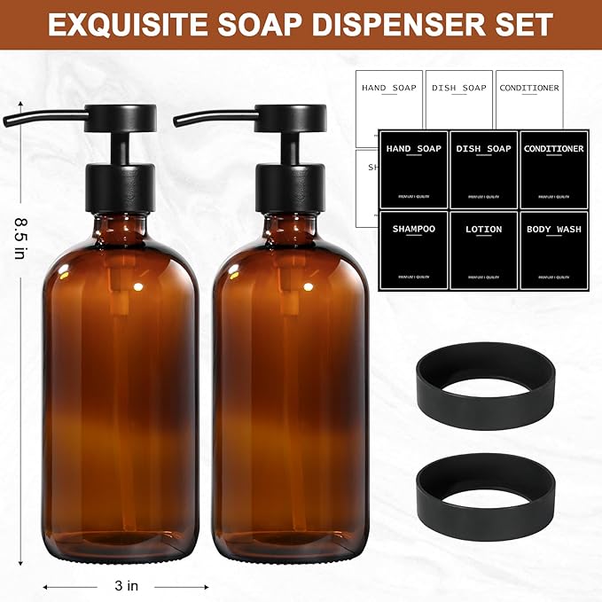 Amber Glass Soap Dispenser 2 Pack, Hand Soap Dispenser Bathroom with Stainless Steel Pump, 16.9 Fl oz Hand and Dish Soap Dispensers Set Kitchen, Modern Brown Soap Lotion Dispensers Bottle