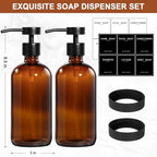 Amber Glass Soap Dispenser 2 Pack, Hand Soap Dispenser Bathroom with Stainless Steel Pump, 16.9 Fl oz Hand and Dish Soap Dispensers Set Kitchen, Modern Brown Soap Lotion Dispensers Bottle