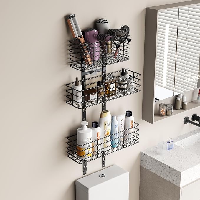 5-Tier Over The Door Bathroom Organizer - Hair Dryer Holder - Hair Tool Organizer Adjustable Height, DIY Bathroom Storage Shelf Wall Mounted for Flat/Curling Irons, Straighteners, Skincare
