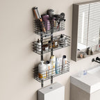 5-Tier Over The Door Bathroom Organizer - Hair Dryer Holder - Hair Tool Organizer Adjustable Height, DIY Bathroom Storage Shelf Wall Mounted for Flat/Curling Irons, Straighteners, Skincare