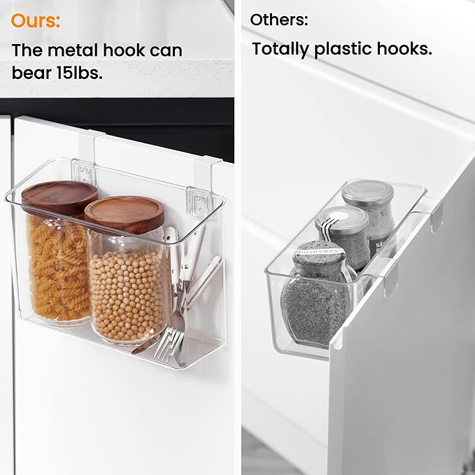 vacane Hanging Basket with Removable Hooks, Plastic Over Cabinet Door Organizer for Organizing Over the Cabinet Organizer Holder for Kitchen, Pantry, Bathroom-Hang Outside or Inside Door-4 Pack